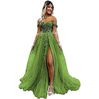 Women's Lace Appliques Tulle Prom Dresses Long Gown Backless Strapless Evening Formal Dress with Slit