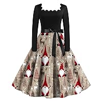 Red Christmas Dress Women's Casual Fashion Christmas Printed Square Neck Vintage Dresses