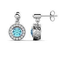 Round Blue Topaz & Natural Diamond 1.58 ctw Halo Drop and Dangle Earrings 14K Gold
