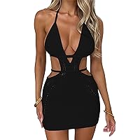 Argeousgor Y2k Knit Mini Short Dress for Women Hollow Out Sleeveless Off Shoulder Backless Summer Bodycon Dress