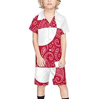 Paisley and Greenland Flag Boy's Beach Suit Set Hawaiian Shirts and Shorts Short Sleeve 2 Piece Funny