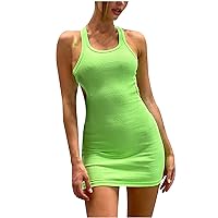 Women's Round Neck Trendy Solid Color Slim Cami Dress Sleeveless Knee Length Dress Ruched Casual Summer Tank Dress Green