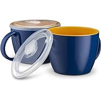 KooK Soup Mugs, Soup Cups with Lid, Microwavable Soup Bowl with Handles, Ceramic with Plastic Lid, for Overnight Oats, Travel Cups, Oversized Coffee Mug, Cereal, 25 Oz, Set of 2, Blueberry/Orange
