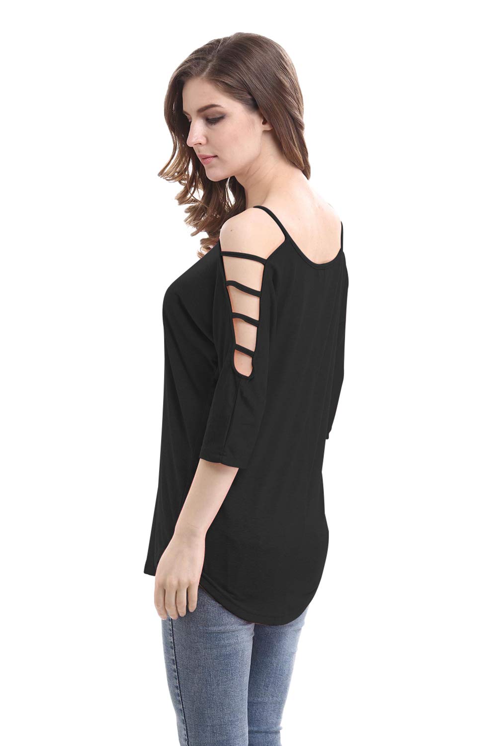 MOONCOLOUR Women's Casual Loose Hollowed Out Shoulder 3/4 Sleeve Shirts Tops