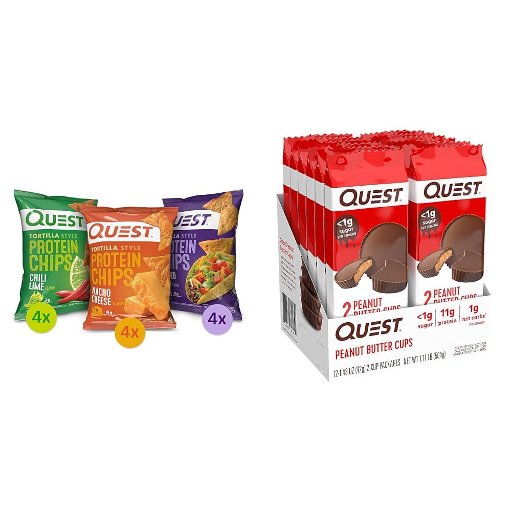 Quest Nutrition Tortilla Style Protein Chips Variety Pack & High Protein Low Carb, Gluten Free, Keto Friendly, Peanut Butter Cups, 12 Count (Pack of 1) (total- 17.76 Ounce)