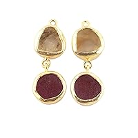 Guntaas Gems Raw Citrine & Dyed Ruby Earring Pair Connectors Brass Gold Plated Round Shape Gemstone DIY Earring Connectors