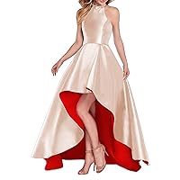 Halter Beaded Prom Dresses with Pockets Stain Sleeveless Backless High Low Bridesmaid Dress for Women