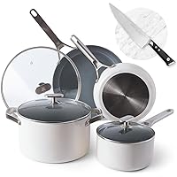 Greater Goods Savvy Ceramic Nonstick Cookware Set (10pc) and Chef Knife (Stainless Steel) Birch White Bundle