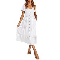 KIRUNDO Women 2024 Spring Summer Casual Linen Short Sleeve Midi Dress Button V Neck Tiered Vacation Sundress with Pockets