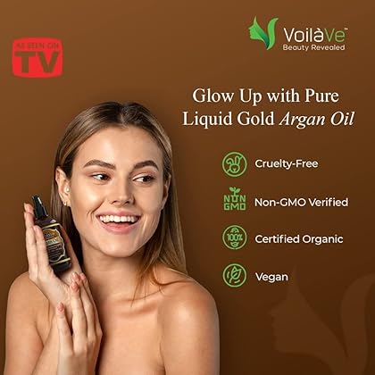 VoilaVe USDA and ECOCERT Pure Organic Moroccan Argan Oil for Skin, Nails & Hair Growth, Anti-Aging Face Moisturizer, Cold Pressed, Hair Moisturizer, Rich in Vitamin E, As Seen On TV - 4 fl oz