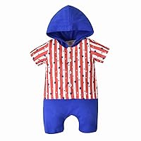 Bow Tie Outfit for Boys Infant Baby Fourth of July Striped Hooded Jumpsuit Baby Boys Star Print Romper (A, 9-12 Months)
