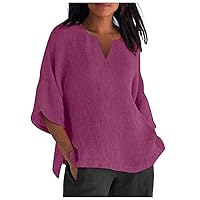 Linen Shirts for Women Summer Cotton V Neck Blouses Loose Fit Short Sleeve Tunic Tops Soft Side Split T-Shirts