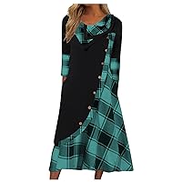 Long Sleeve Midi Dress for Women Casual Trendy Plus Size Fall Winter Elegant Ruched Flowy Fall Winter Plaid Dress