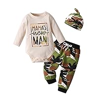 KuKitty Newborn Infant Baby Boy Clothes Long Sleeve Mama's New Man Romper + Casual Pants + Hat 3PCS Outfits Set (3-6 Months) Beige