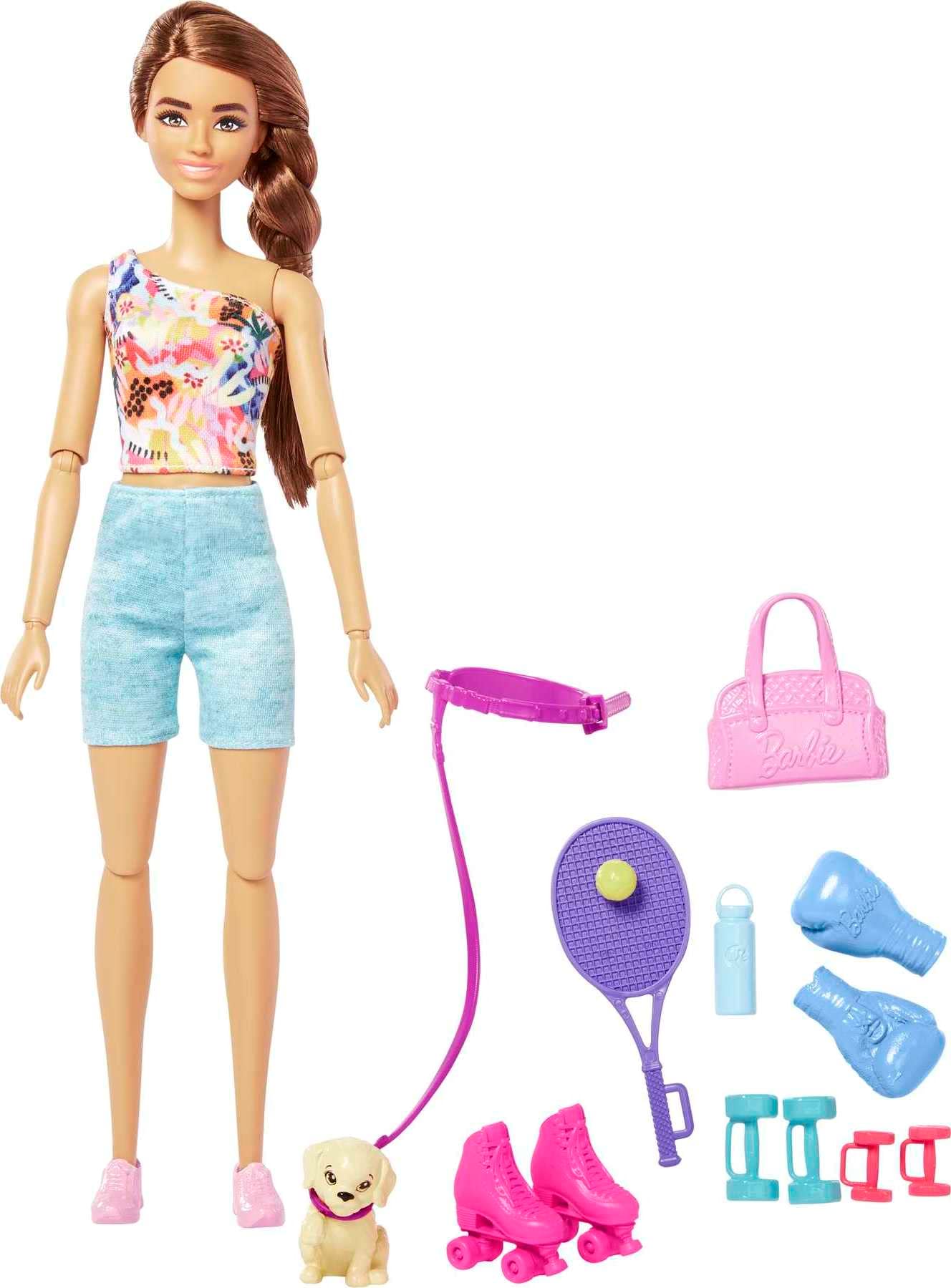 Barbie Self-Care Doll, Brunette Posable Workout Doll with Puppy and Accessories Including Roller Skates & Tennis Rackets