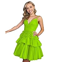 Women's V-Neck Short Homecoming Dresses Glitter Tiered Tulle Ruched Cocktail Party Gowns