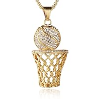 HZMAN Basketball Hoop Necklace for Men Boy Stainless Steel 18K Gold Plated Cubic Zirconia Basketball Rim Sports Pendant Jewelry Gift