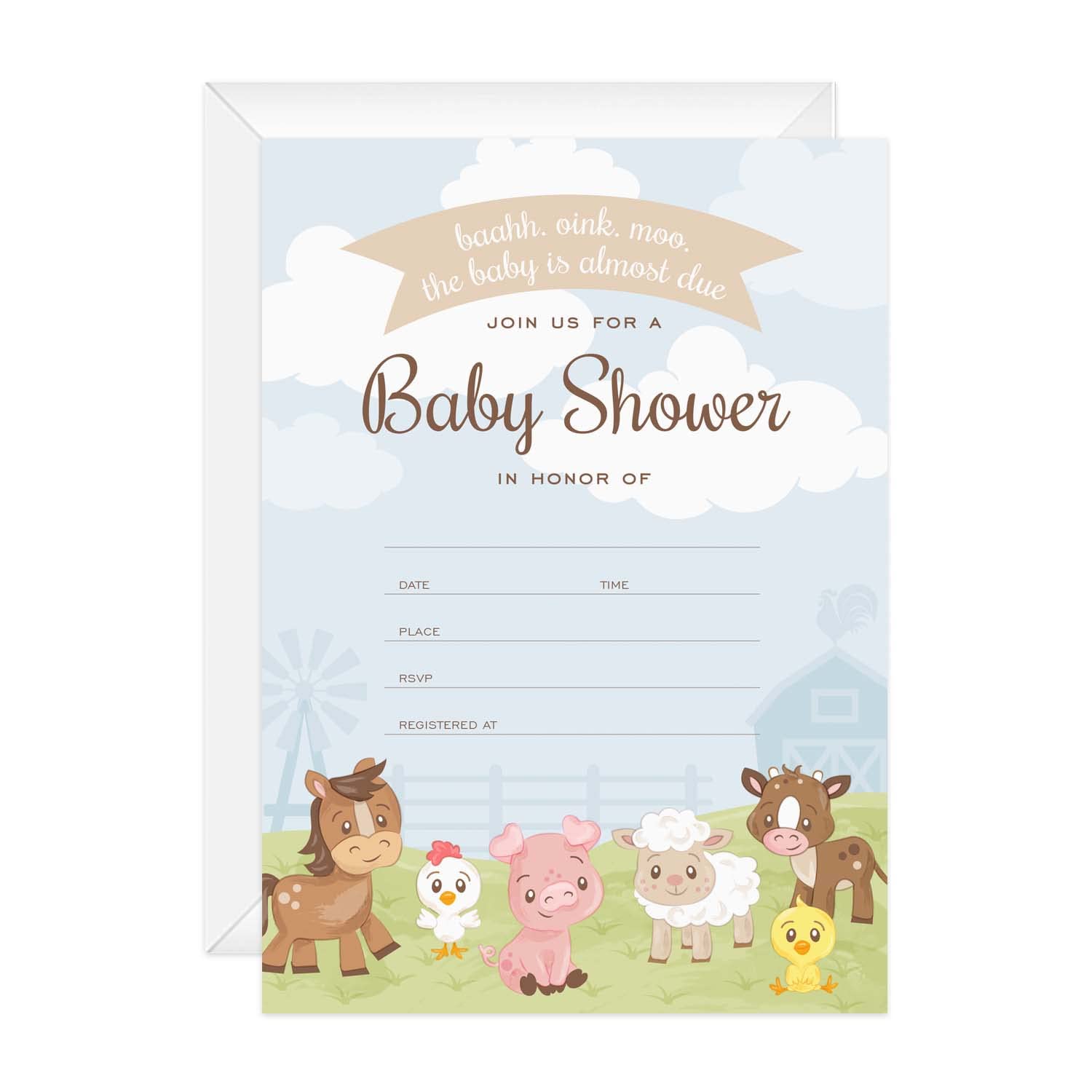 Barnyard Baby Shower Invites / 25 Cards With White Envelopes / 5