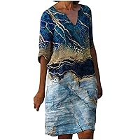 Cotton Linen Dresses for Women,2023 Summer Casual Loose 3/4 Sleeve Midi Dress,Oil Painting Print Tunic Beach Dress