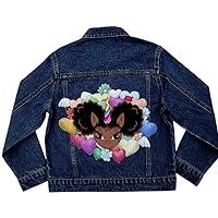 Girl's Denim Jacket with Chloe Afro Puff Unicorn LOVE Logo Design - Dark Stonewash