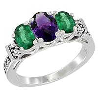 10K White Gold Natural Amethyst & Emerald Ring 3-Stone Oval Diamond Accent, sizes 5-10