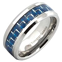8mm Mirror Polished or Black Plated Tungsten Carbide Wedding Ring Blue Carbon Fiber Inlay Ring