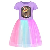 Toddler Girls Summer Cute Mini Dress Hazbin Hotel Graphic Trendy Tulle Dress Comfy Lightweight Crewneck Rainbow Dresses