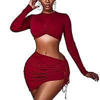 Women's Round Neck Long Sleeve Bandage Two-Piece Dress Set Suit Knotted Ruched Bodycon Club Mini Dress