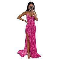 Sequin Spaghetti Strap Cowl Neck Prom Dresses for Women Long with Slit Mermaid Formal Evening Party Gown