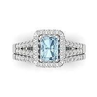 Clara Pucci 1.60ct Emerald Cut Halo Solitaire Natural Aquamarine Engagement Promise Anniversary Bridal Ring Band set 18K White Gold