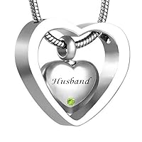 misyou Double Heart Birthstone Urn Necklace Keepsake Pendant Cremation Ashes Jewelry （Husband）