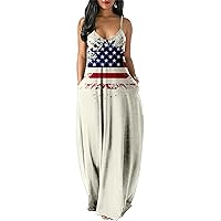 Women's Plus Size Maxi Dress USA Flag 4th of July Camisole Long Dresses Sleeveless Summer Cami Dress