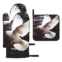 Oven Mitts and Pot Holders Set of 3 Oven Gloves for Cooking Flying Dove Kitchen Oven Mitts Heat Resistant BBQ Gloves Non-Slip Cooking Glove for Unisex Baking