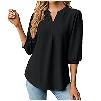 Women's Summer Jacquard Tops V Neck Puff Half Sleeve Loose Casual Blouses Fashion Dressy Solid Color Tunic T-Shirts