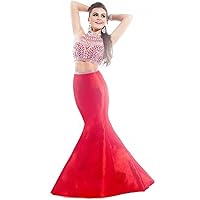 Sexy Sheer High Rhinestone Neck Cross Back Two Piece Mermaid Long Prom Dresses