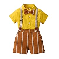 Set 7 Toddler Boys Short Sleeve T Shirt Tops Striped Prints Shorts Child Kids Gentleman Outfits Boys 5 (Gold, 2-3 Years)