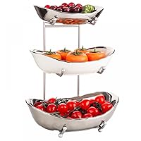 YYW 3 Tier Fruit Bowl for Kitchen Counter, White Ceramic Fruit Stand for Countertop, Home Fruit Rack with Holder, Fruit Basket Stand Vegetable Bowl Snacks Nuts Bread Candy Storage (Silver)