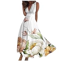Dresses for Women 2024 Summer Casual Long Maxi Swing Dress A Line Dress Floral Daily Print Sleeveless V Neck Dress