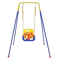 FUNLIO 3-in-1 Toddler Swing Set with 4 Sandbags, Indoor/Outdoor Baby Swing with Foldable Metal Stand, Kids Swing Set for Backyard, Clear Instructions, Easy to Assemble & Store