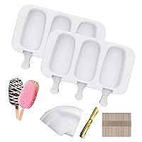 Ouddy Life Popsicle Molds Set of 2, Ice Pop Molds Silicone 4 Cavities Ice Cream Mold Oval Cake Pop Mold with 50 Wooden Sticks for DIY Popsicle, White