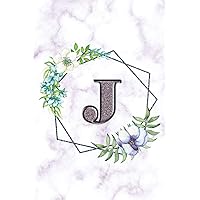 J: Personalized Dot Grid Bullet BUJO Notebook Journal Modern white Marble Floral Silver Initial Monogram Letter J- Many Usage Handy Travel Size For Women Teens