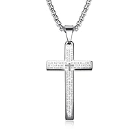 Stainless Steel English Lord's Prayer Cross Pendant Bible Verse Necklaces for Men Women Black Gold Silver, 24 Inch Chain