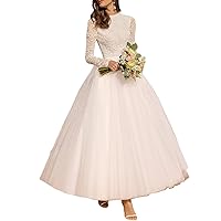 A-Line Simplicity Wedding Dresses Scoop Neck Ankle Length Long Sleeve Bridal Gown with Solid Color Appliques 2024