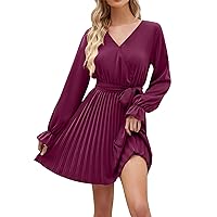 Picnic Dress,Womens Fall Long Sleeve Wrap V Neck Pleated Mini Cocktail Dress Casual A Line Flowy Wedding Guest