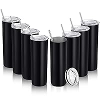20 Oz Skinny Travel Tumblers, 8 Pack Stainless Steel Skinny Tumblers with Lid Straw, Double Wall Insulated Tumblers, Slim Water Tumbler Cup, Vacuum Tumbler Travel Mug for Coffee Water Tea, Black
