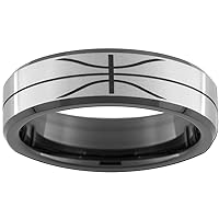 7mm Black Tungsten Beveled Satin Finish Ring with Basketball Pattern Sizes 5-15(Full & Half)