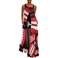 Chatter Teeth Toy Pattern Sleeveless Loose Maxi Dress for Women Summer V Neck Casual Beach Sundress Skirt