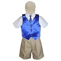 5pc Baby Toddler Boys Khaki Shorts Hat Royal Blue Necktie Vest Suits Set (4T)