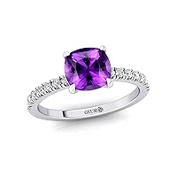 Women's Statement Ring, Amethyst 18kt Gemstone Birthsone Ring, 7MM CUSHION Shape with 32 Diamond/Jewellery for Women, Gift for Mother/Sister/Wife