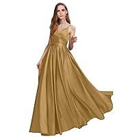 Spaghetti Straps Formal Satin Evening Gowns and Pockets A Line Ruffle V Neck Prom Dresses for Women